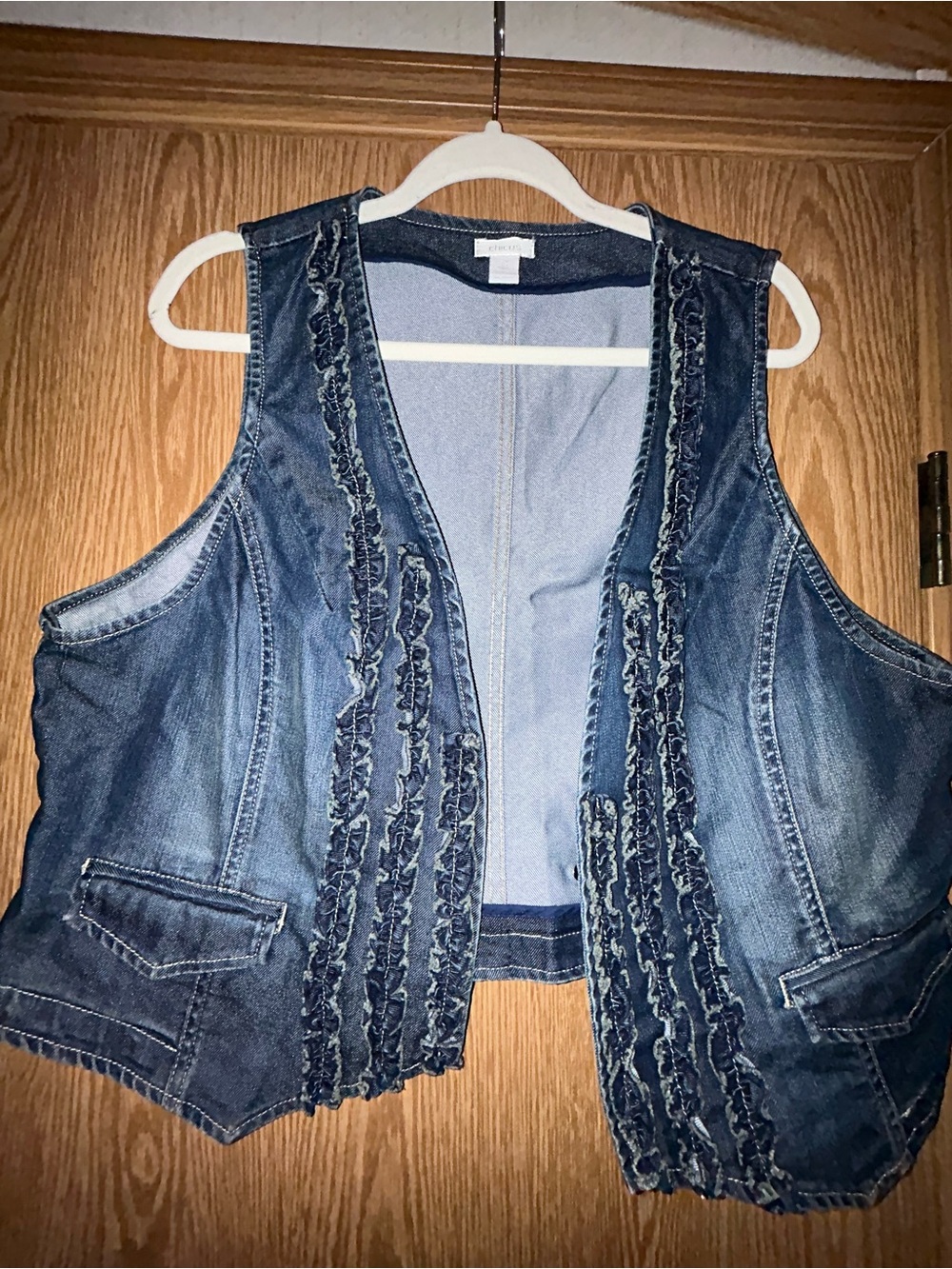 Chico’s Ruffle Open Front Sleeveless Denim Vest Chicos